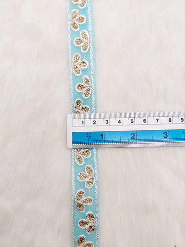 Wholesale Sky Blue Net Lace Floral Embroidery & Glitter Gold Sequins, Indian Wedding Border, Gifting Ribbon Costume Trim Fashion Trimming